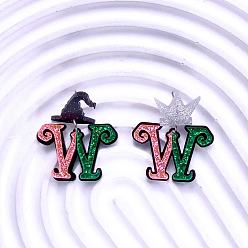Платина Серьги-гвоздики с акриловыми блестками и пудрой, буква w с ведьминской шляпой и короной, слева и справа, платина, 45x34.8 мм