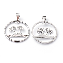 Платина Латунные подвески, долговечный, плоский круглый с пальмой, платина, 26x26x3.5 мм, отверстие : 8x3 мм