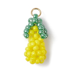 Желтый Подвески из стеклянных бусин в форме баклажана, с 3 кольцами из нержавеющей стали, реальный 304 k позолоченный, желтые, 18 мм, отверстие : 19x10x10 мм