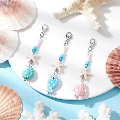 Mixed Shapes 3шт. фарфоровые подвесные украшения ручной работы, с синтетической бирюзовой морской звездой и бусинами из акрила и АБС-пластика, разнообразные, 68~70.5 мм