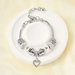 Платина Сплав европейские бусины браслеты с подвесками, браслеты из змеиной цепи для женщин, сердце, со стразами из смолы и полимерной глины и силиконовыми бусинами, без свинца и без кадмия, платина, 7 дюйм (17.9 см)