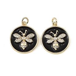Real 18K Gold Plated Brass Micro Pave Clear Cubic Zirconia Pendants, with Black Enamel, Flat Round with Bees Charms, Real 18K Gold Plated, 21x18x4mm, Hole: 3mm