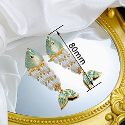 Light Sea Green 304 Stainless Steel Enamel Stud Earrings, Fish, Plastic Pearl Dangle Earrings for Women, Golden, Light Sea Green, 55mm