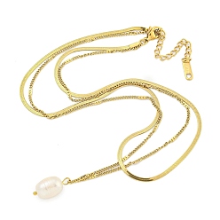 Настоящее золото 18K Ионное покрытие (IP) 304 двухслойные ожерелья из нержавеющей стали, ожерелья с подвеской в виде картофеля из натурального пресноводного жемчуга и цепочки-елочки, реальный 18 k позолоченный, 16.14 дюйм (41 см)