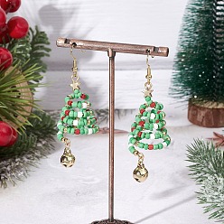 Зеленый Серьги из бронзы, рождественская елка, с 304 нержавеющей сталью и экологически чистой медной проволокой, золотые, зелёные, 67.5~71.5x22.5~23.5 мм