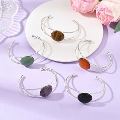Silver Natural Mixed Gemstone Flat Round Brass Hollow Cuff Bangles for Women, Silver, Inner Diameter: 2.09x2.56 inch(5.3x6.5cm)