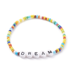 Colorful Glass Seed Beads Stretch Bracelets, with Acrylic Letter Beads, Word DREAM, Colorful, Inner Diameter: 2-1/4 inch(5.7cm)