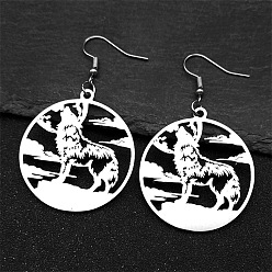 Серебро 304 из нержавеющей стали болтаться серьги, плоский круглый с волчьим узором, серебряные, 57x35 мм
