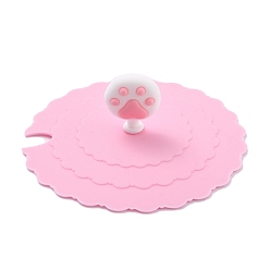 Pink Cat Paw Print Food Grade Silicone Cup Cover Lid, with A Notch, Dust-Proof Lid for Cup, Pink, 105x31mm