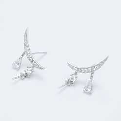 Платина Антикоррозийное родиевое покрытие 925 стерлинговое серебро микропаве кубические цирконии серьги-гвоздики фурнитура, за половину пробурено бисера, луна со слезой, платина, 22.5x17.5 мм, штифты : 0.7 мм