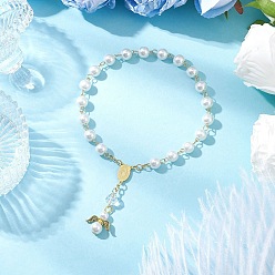 Античное Золото Браслеты с подвесками в виде ангела из сплава в тибетском стиле, браслеты из круглых бусин из перламутрового стекла, с 304 элементами люстры из нержавеющей стали, античное золото , внутренний диаметр: 2-7/8 дюйм (7.3 см), Кулон : 22x18.5x8 мм