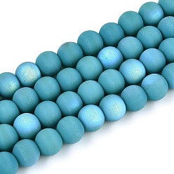 Темно-бирюзовый Матовые непрозрачные стеклянные бусы пряди, круглые, с половиным покрытием, с покрытием AB цвета, темные бирюзовый, 6~6.5 мм, отверстие : 0.9 мм, около 67~70 шт / нитка, 14.57~15.16 дюйм (37~37.5 см)
