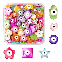 Mixed Color 120Pcs 6 Style Natural Freshwater Shell Beads Strands, with Enamel, Dyed, Hamsa Hand/Hand of Miriam & Flat Round & Heart & Square & Flower & Star with Evil Eye, Mixed Color, 8~13x8.5~14x3~5mm, Hole: 0.8mm, 20pcs/style