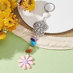 Pink Flower Resin Keychains, with Chakra Gemstone Chip and 304 Stainless Steel Split Key Rings and Tibetan Style Alloy Links, Pink, 14.5cm