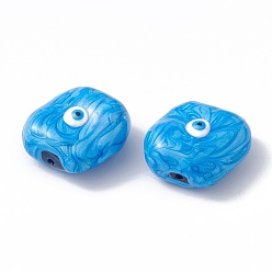 Deep Sky Blue Glass Beads, with Enamel, Square with Evil Eye Pattern, Deep Sky Blue, 20x19x10mm, Hole: 1.2mm