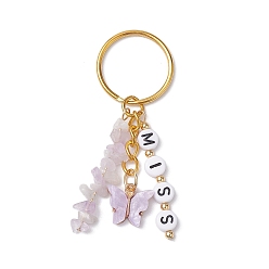 Golden Alloy Acrylic Enamel with Natural Amethyst Keychain, Butterfly, Word MISS, Golden, 72mm
