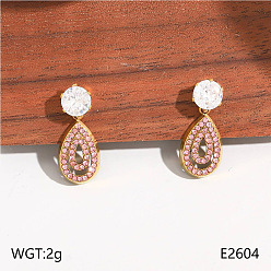 Pink 304 Серьги-подвески из нержавеющей стали в форме капли, инкрустированные микрофибровыми фианитами., золотые, розовые, 20x9 мм