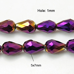 С Фиолетовым Покрытием Стеклянные бусины с гальваническим покрытием , граненые, слеза, с фиолетовым покрытием, 7x5 мм, отверстие : 1 мм, около 65~67 шт / нитка, 18~18.5 дюйм (45.5~46.9 см)