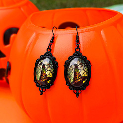 Темный Морско-зеленый Серьги из сплава, чёрные, овал с ведьминским узором, темно-зеленый, 50 мм