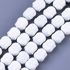 White Spray Painted Non-magnetic Synthetic Hematite Beads Strands, Matte Style, Buddha Head, White, 10x9x7.5mm, Hole: 1mm, about 39pcs/strand, 15.7 inch