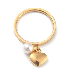 Golden Dual-Use-Gütern, 304 Fingerringe oder Anhänger aus Edelstahl, mit runden Kunststoffperlen, Herz, weiß, golden, us Größe 5~9 (15.7~18.9 mm)