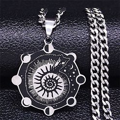 Stainless Steel Color 201 Stainless Steel Enamel Pendant Necklace, Moon Phase with Shell Shape, Stainless Steel Color, 19.09 inch(48.5cm)