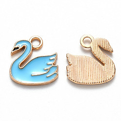 Azul Cielo Encantos del esmalte de la aleación, cisne, la luz de oro, luz azul cielo, 14x14x2 mm, agujero: 1.8 mm