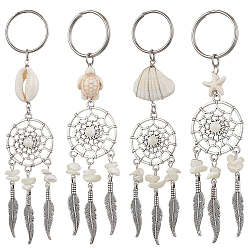 Античное Серебро 2 комплекты ключей из сплава в тибетском стиле с натуральными ракушками и синтетической бирюзой, с 304 разъемными кольцами из нержавеющей стали для брелка, кошелек, украшение для рюкзака, античное серебро, 118~135 мм