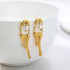 Oro 304 Pendientes de botón de acero inoxidable y perlas de imitación, pepitas, dorado, 36 mm