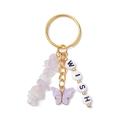 Golden Alloy Acrylic Enamel with Natural Amethyst Keychain, Butterfly, Word WISH, Golden, 72mm