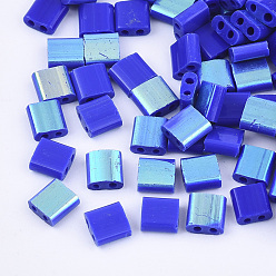 Blue FGB 2-Hole Glass Seed Beads, Half Rainbow Plated Colours, Square, Blue, 5x4.5~5.5x2~2.5mm, Hole: 0.5~0.8mm, about 1180pcs/bag