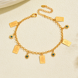 Rectangle Женские браслеты на лодыжку с подвеской в виде цветка из латуни и эмали темно-голубого цвета, реальный 18 k позолоченный, прямоугольные, 8-1/4 дюйм (210 мм)