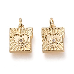 Golden Messing micro pave klar zirkonia charme, mit Ringe springen, langlebig überzogen, Rechteck mit Herz, golden, 15.3x11.4x2.7 mm, Sprungring: 5x1 mm, 3 mm Innen Durchmesser
