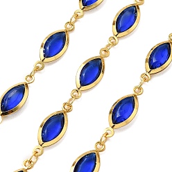 Темно-Синий Латунные стеклянные цепи с конским глазом, с катушкой, долговечный, пайки, без свинца и без кадмия, стойки покрытие, реальный 18 k позолоченный, темно-синий, 16.5x6x2 мм