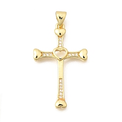 Настоящее золото 18K Латунные микропаве прозрачные подвески с фианитом, крестик с сердечками, реальный 18 k позолоченный, 32x20x3 мм, отверстие : 3x4 мм