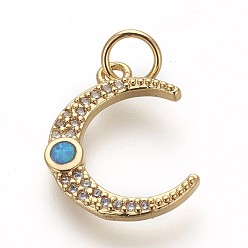 Золотой Латунные микро проложить кубического циркония подвески, с опалом, без свинца, без кадмии и без никеля, луна, красочный, золотые, 16.5x13x2 мм, отверстие : 3.5 мм