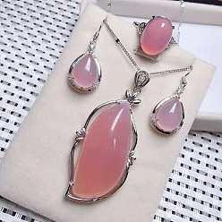 Pink 925 ожерелья, серьги и кольца из стерлингового серебра с микропаве из прозрачных кубических цирконий и натуральным халцедоном, платина, лист, розовые, 400 мм