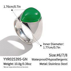 Verde 304 Anillos de acero inoxidable con ágata natural para mujer, lágrima, color acero inoxidable, verde, 17.6 mm, tamaño de EE. UU. 7 1/2 (17.7 mm)