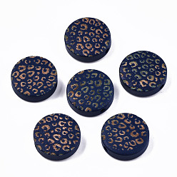 Dark Blue Painted Natural Wood Beads, Laser Engraved Pattern, Flat Round with Leopard Print, Dark Blue, 15x4.5mm, Hole: 1.5mm
