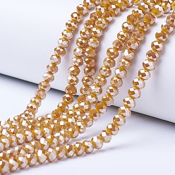 Goldenrod Electroplate Opaque Solid Color Glass Beads Strands, Platinum Plated, Faceted, Rondelle, Goldenrod, 6x5mm, Hole: 1mm, about 85~88pcs/strand, 16.1~16.5 inch(41~42cm)