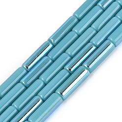 Medium Turquoise Electroplate Opaque Glass Beads Strands, Tube, Rainbow Plated, Half Plated, Medium Turquoise, 13~13.5x4~4.5mm, Hole: 0.5~0.8mm, about 27~30pcs/strand, 13.98~15.75 inch(35.5~40cm)