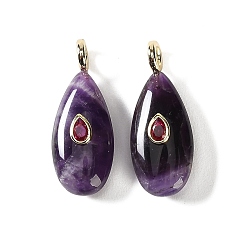 Amethyst Natural Amethyst Pendants, Teardrop Charms with Brass Micro Pave Cubic Zirconia Findings, Golden, 38.5x15.5x9mm, Hole: 3.5mm