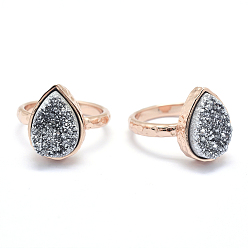 Серебро Гальванизированный естественный druzy кварцевый кристалл палец кольца, с фурнитурой из экологически чистой латуни, без свинца и без кадмия, долговечный, плоско-круглые, Размер 7, Настоящее розовое золото покрыто, серебряные, 17 мм