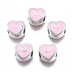 Pink Legierung Schmelz europäischen Perlen, Großloch perlen, cadmiumfrei und bleifrei, Antik Silber Farbe, Herz, rosa, 10x11x8 mm, Bohrung: 4.5 mm