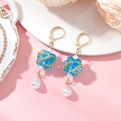 Синий Стеклянные серьги-капли с застежкой-рычагом, золотые, синие, 57.5x15.5 мм