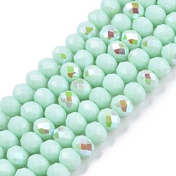 Бирюза Гальванизировать непрозрачные сплошной цвет стеклянные бусы пряди, с половиным покрытием цвета радуги, граненые, рондель, бирюзовые, 3.5~3.8x3 мм, отверстие : 0.4 мм, около 105~110 шт / нитка, 29~31 см