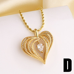 Clear Valentine's Day Brass Pave Cubic Zirconia Pendant Necklaces, Heart, Golden, Clear, 15.75 inch(40cm), pendant: 34x31mm