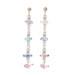 Colorful Natural Quartz Crystal & Glass Butterfly Beaded Dangle Stud Earrings, Golden Brass Long Drop Earrings for Women, Colorful, 81mm, Pin: 0.8mm