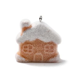 Дом Рождественские подвески из непрозрачной смолы с эффектом флокирования, с платиновыми тоновыми железными петлями, дом, 31.5x31x10 мм, отверстие : 2 мм