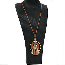 Плоский Круглый Богемный сплав и дерево подвеска кисточка искусственная кожа шнур длинные ожерелья для женщин, античная бронза, Перу, плоско-круглые, 15.75 дюйм (40 см)